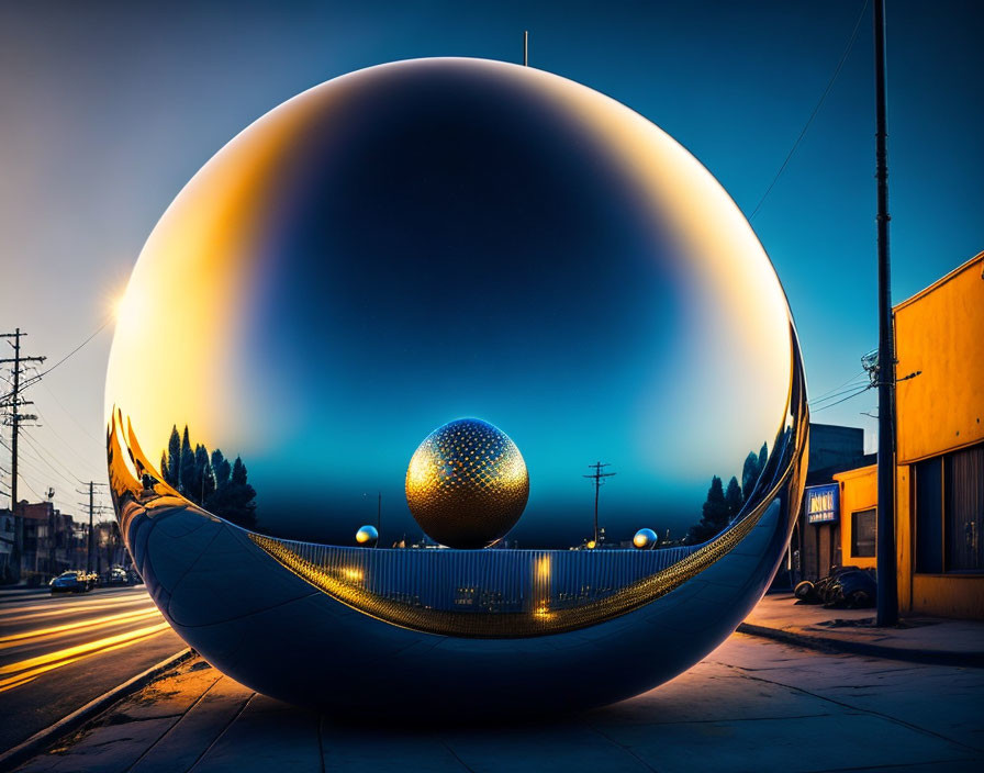 Urban street scene with large reflective sphere and glowing lights at twilight