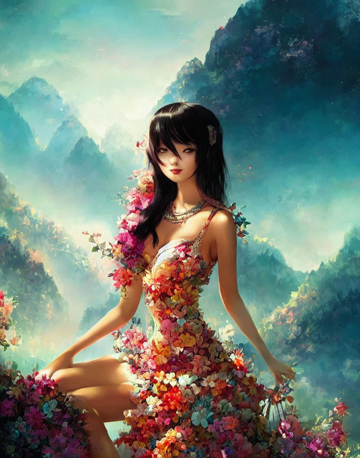 Colorful painting of woman in floral dress surrounded by blossoms and misty mountains