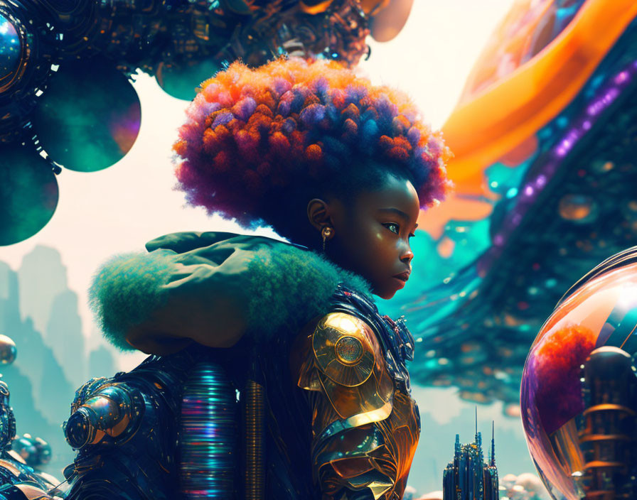 Vibrant afro girl in futuristic city with floating orbs