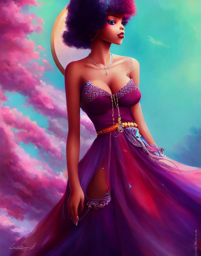 Illustration of woman with afro halo in purple dress and gold accessories on pink and blue cloudy backdrop