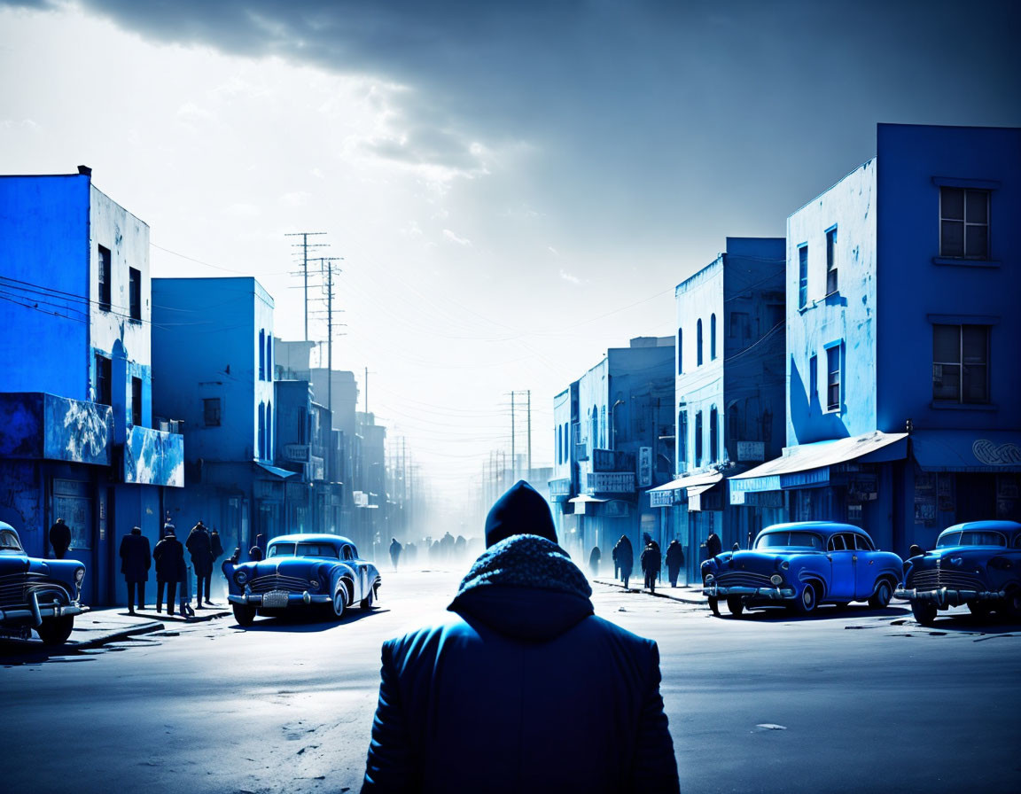 Person walking down foggy street with vintage cars and silhouettes in cool blue atmosphere