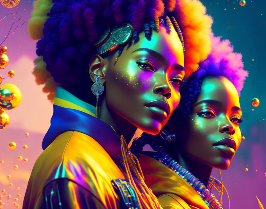 Vibrant Afro Hairstyles on Black Women in Neon-lit Setting