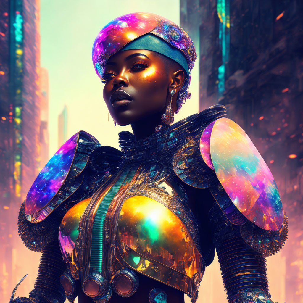 Futuristic woman in cosmic headwrap and iridescent armor against neon cityscape