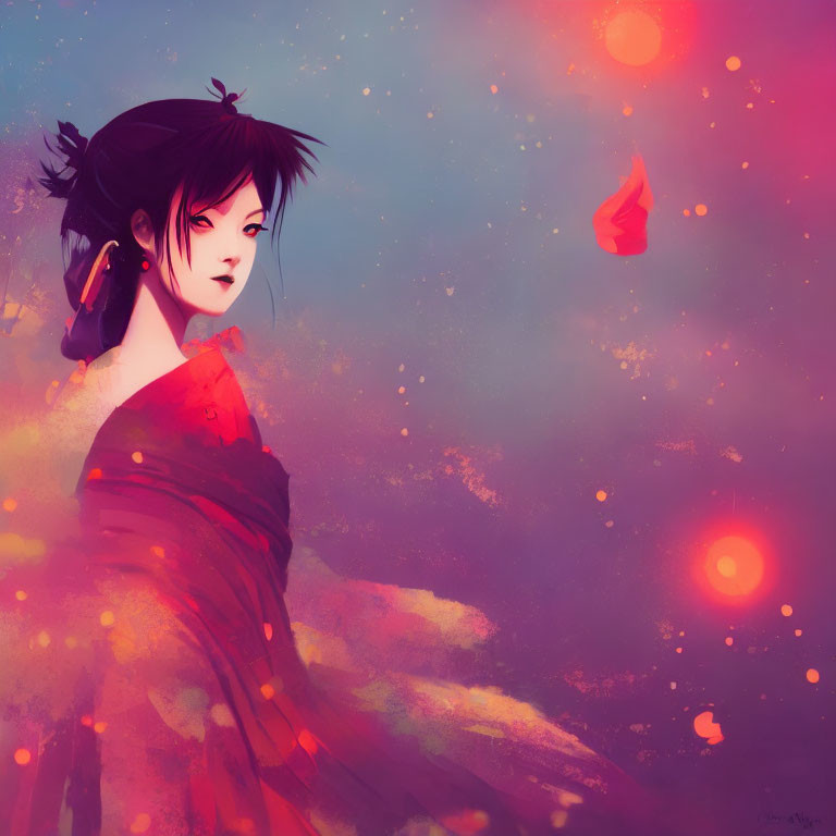 Stylized woman with black hair in red dress on pink and blue dreamy background