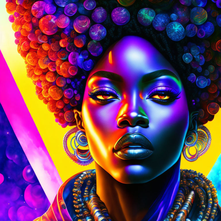 Colorful digital painting of woman with afro and bubbles on neon backdrop