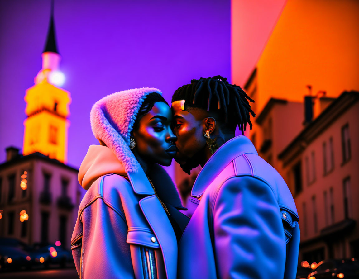 Couple standing close at dusk with colorful sky and church steeple.