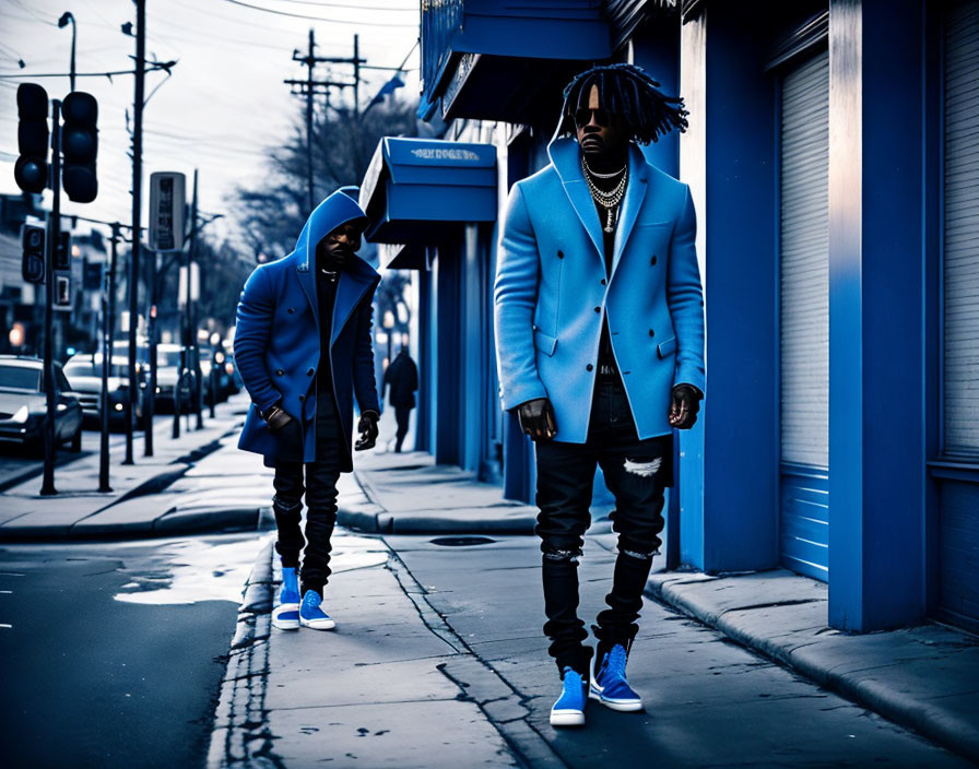 Stylish men in blue coats and sneakers on urban city street