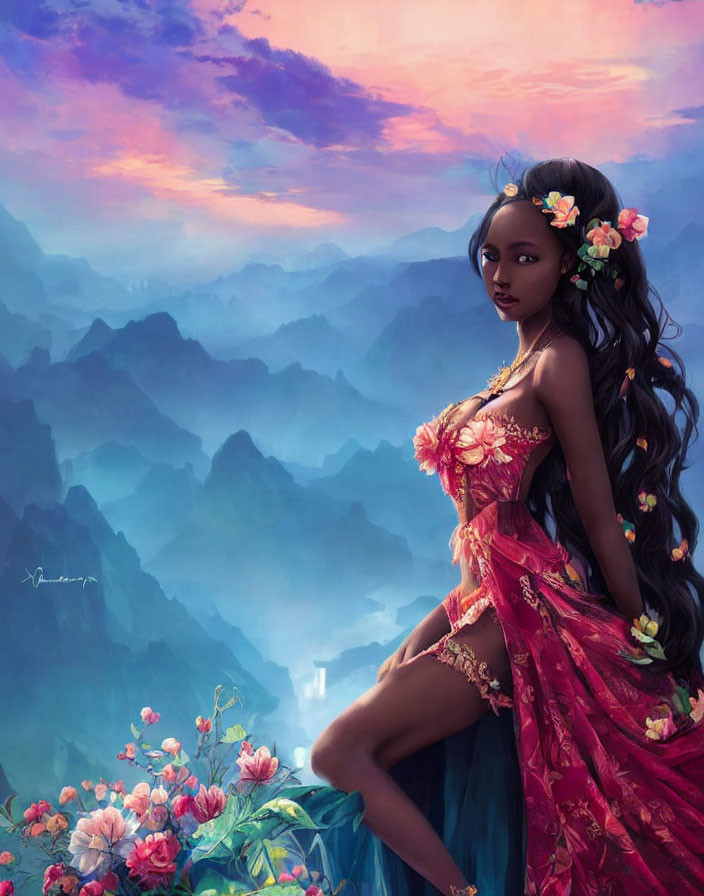 Digital Artwork: Woman in Red Floral Dress on Rock with Purple Mountain Landscape