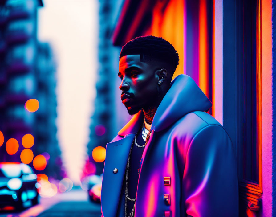 Fashionable man in high-collar coat on city street at dusk with neon lights.