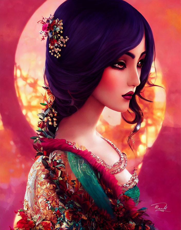 Illustration of woman with purple hair and floral details on moonlit backdrop