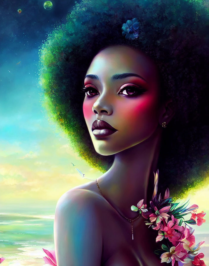 Colorful digital portrait of woman with afro in cosmic setting with floral details.