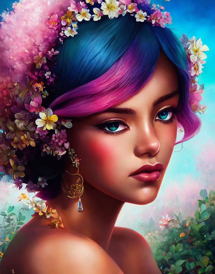 Colorful Woman with Flowered Hair on Floral Background