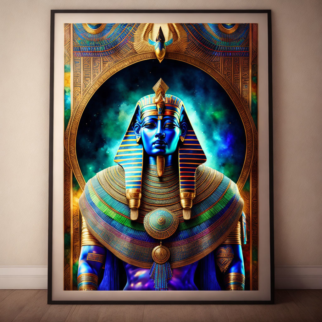 Egyptian Pharaoh Artwork with Cosmic Background on Wooden Floor