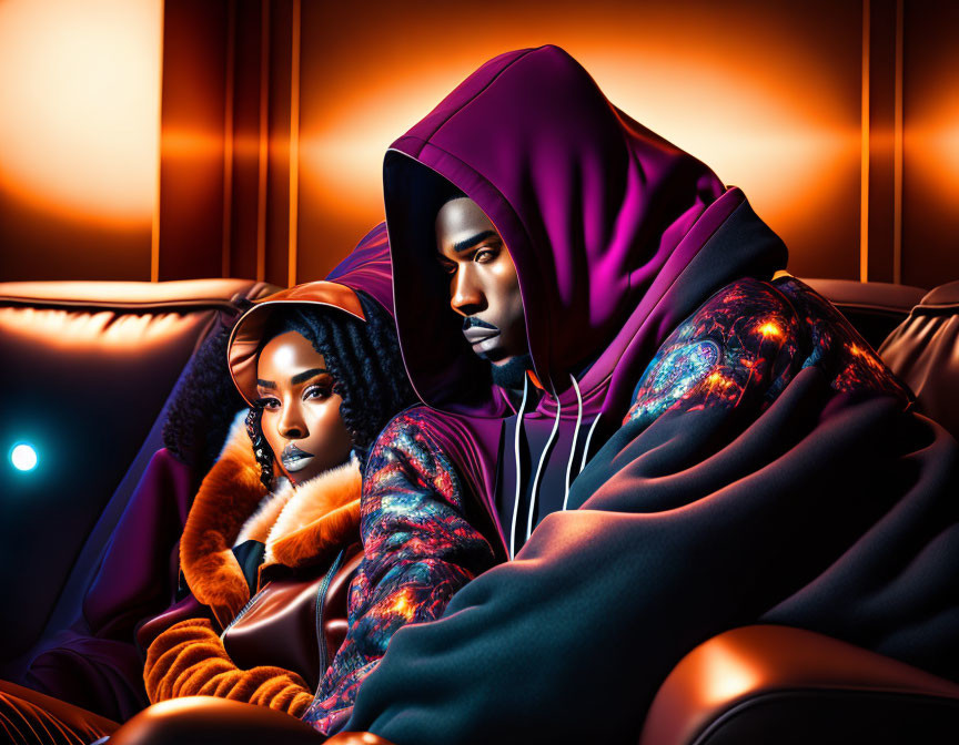 Two individuals in colorful hooded outfits on a couch in a warm, cozy setting