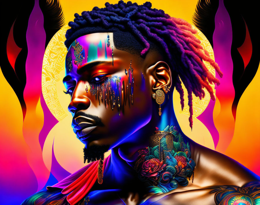 Colorful digital artwork featuring person with horn-like structures and melting face details.