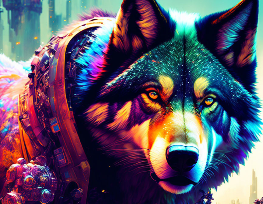 Colorful Wolf Artwork in Futuristic Cityscape