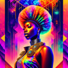 Colorful Digital Art Portrait of Woman with Afro and Golden Jewelry