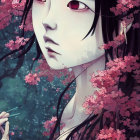 Dark-Haired Female Character with Pink Flowers and Red Eyes in Floral Background