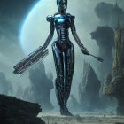 Futuristic humanoid robot with metallic body and gun in sci-fi cityscape