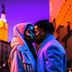 Couple standing close at dusk with colorful sky and church steeple.