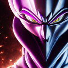 Stylized animated character with purple and blue mask and glowing eyes