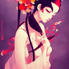 Illustration: Woman with Long Black Hair and Red Flowers in Traditional Asian Style