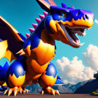 Colorful 3D Dragon Model with Blue and Yellow Scales on Rocky Terrain