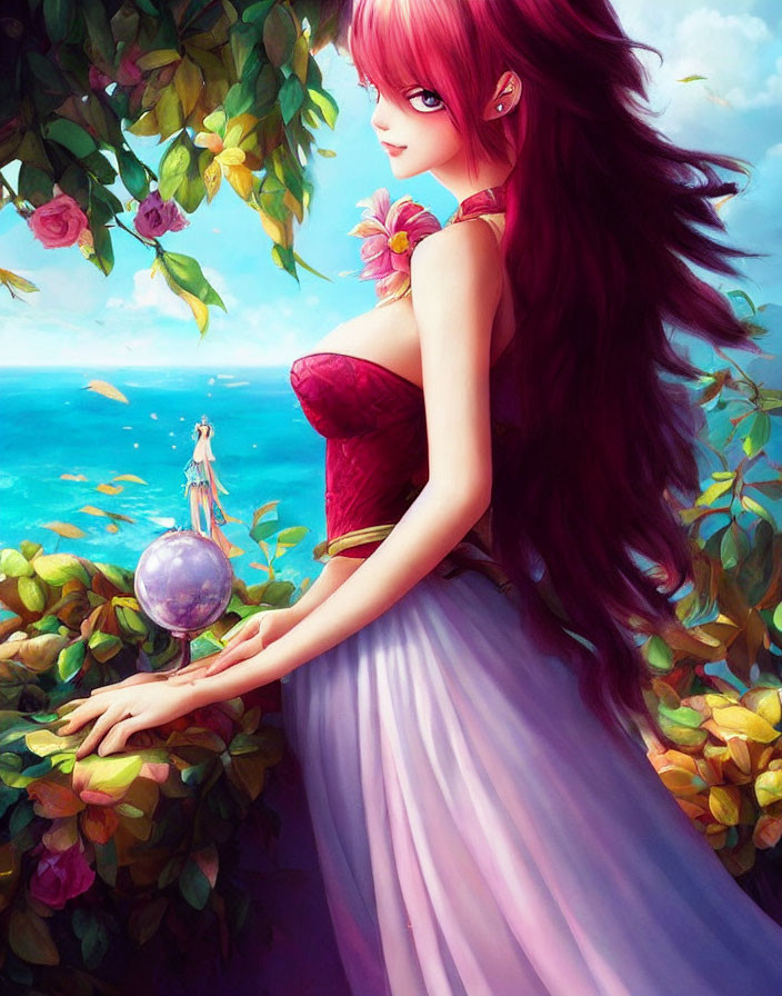 Illustration of female character with pink hair and purple dress on balcony overlooking ocean with crystal ball