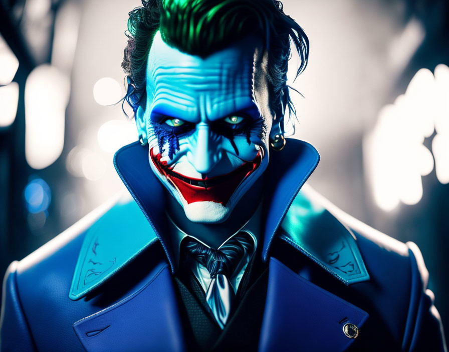 Colorful Joker-like figure in blue and red face paint against city nightscape