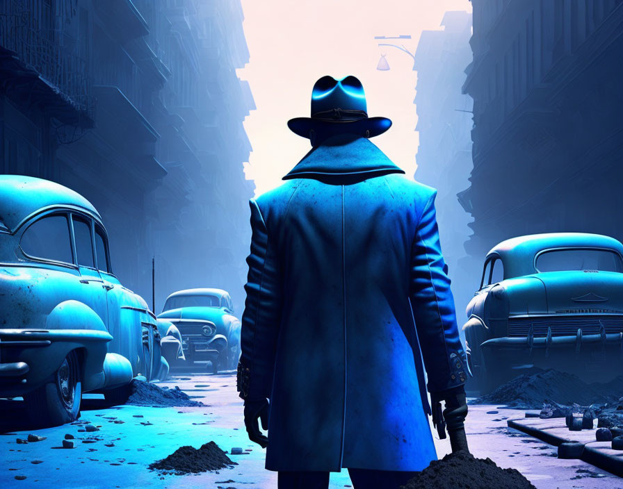 Mysterious figure in fedora and trench coat in blue cityscape