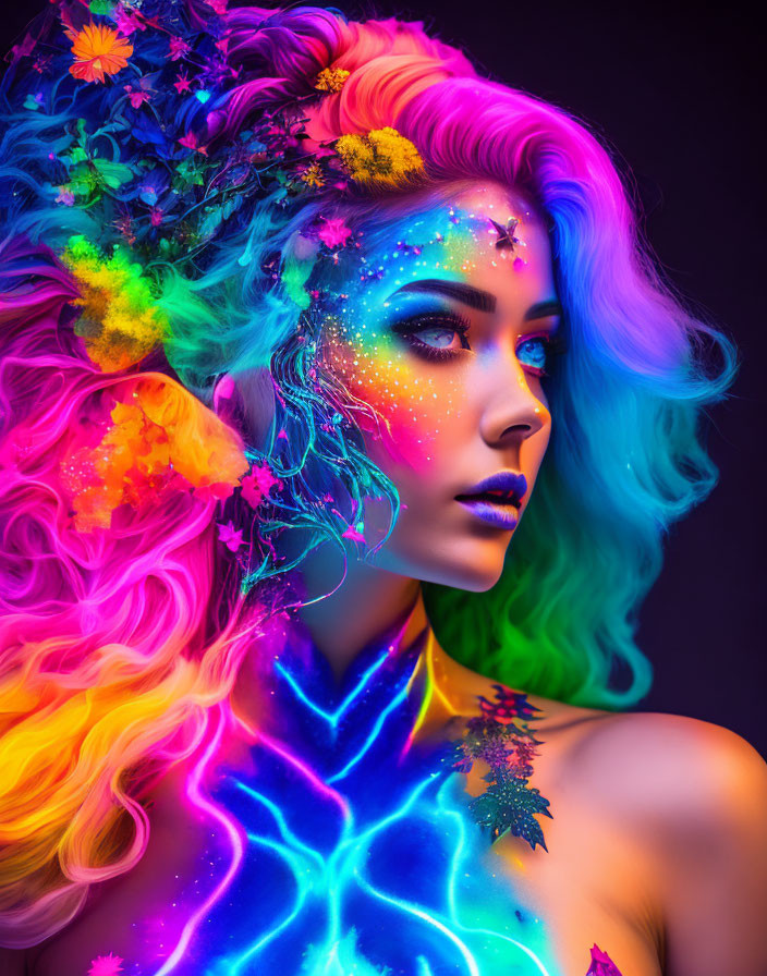 Vibrant neon body paint on woman with rainbow hair and floral adornments