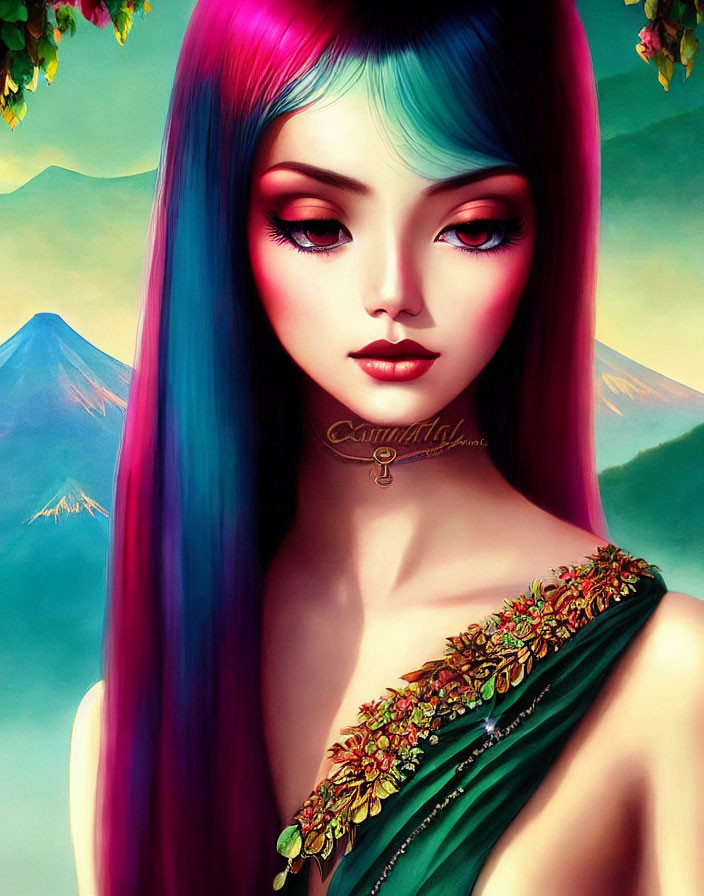 Vibrant digital artwork of a woman with blue and pink hair in a green dress against a mountain