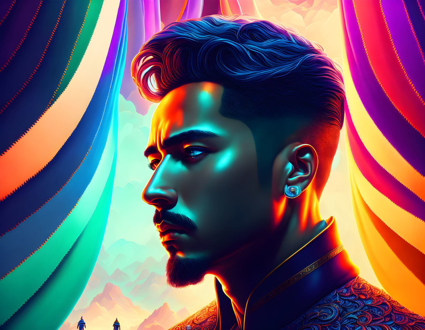 Colorful neon-lit digital portrait of a man in profile