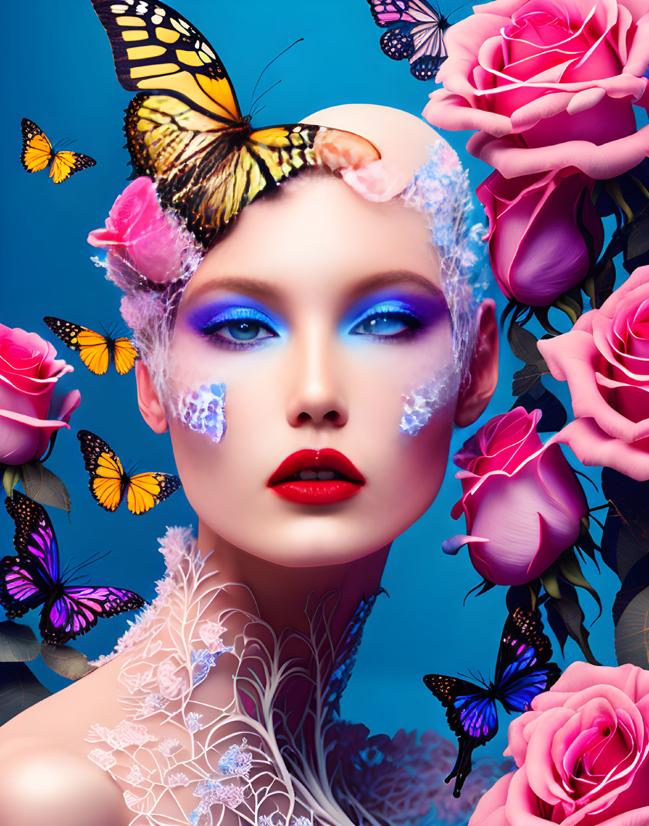 Woman with Blue Eyeshadow, Red Lips, Roses, Butterflies, Lace