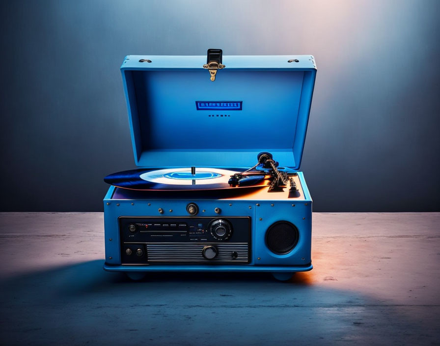 Blue Portable Turntable with Spinning Vinyl on Gradient Background