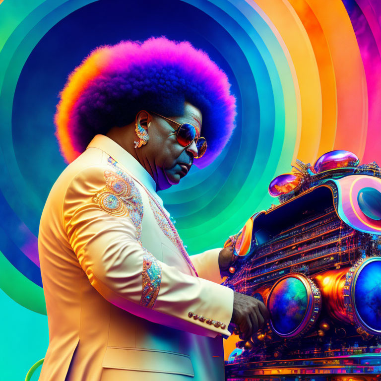 Colorful Afro Person Leaning on Jukebox in Psychedelic Rainbow Setting