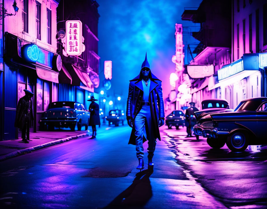 Superhero in costume walking down neon-lit street at night