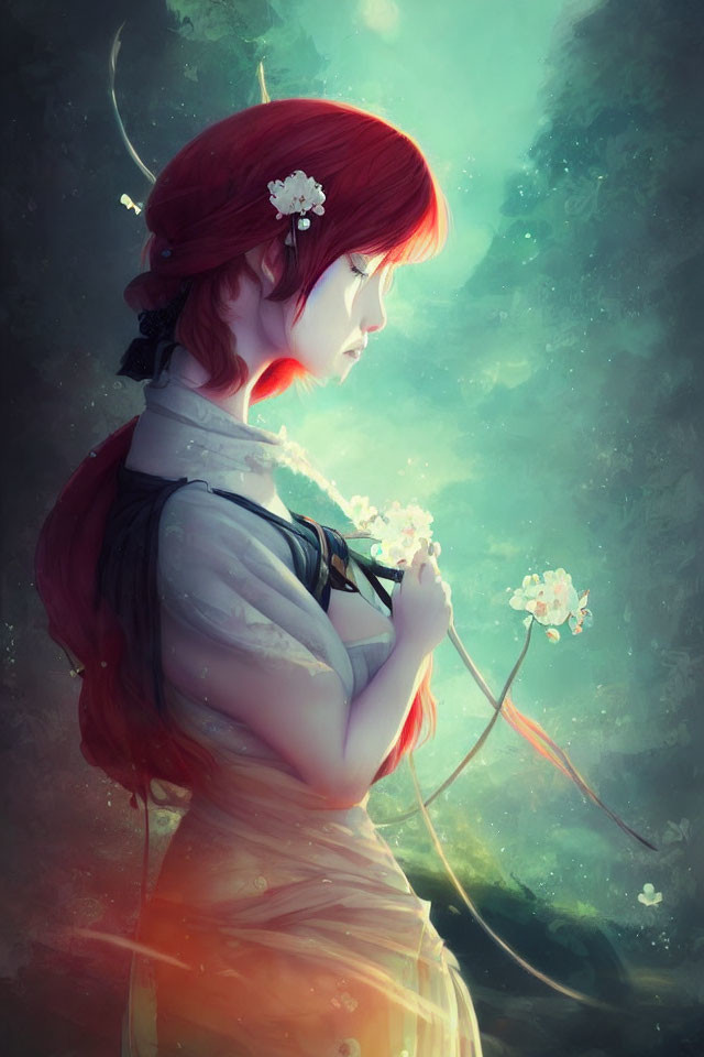 Red-haired girl with flowers in hair holding branch in dreamy setting