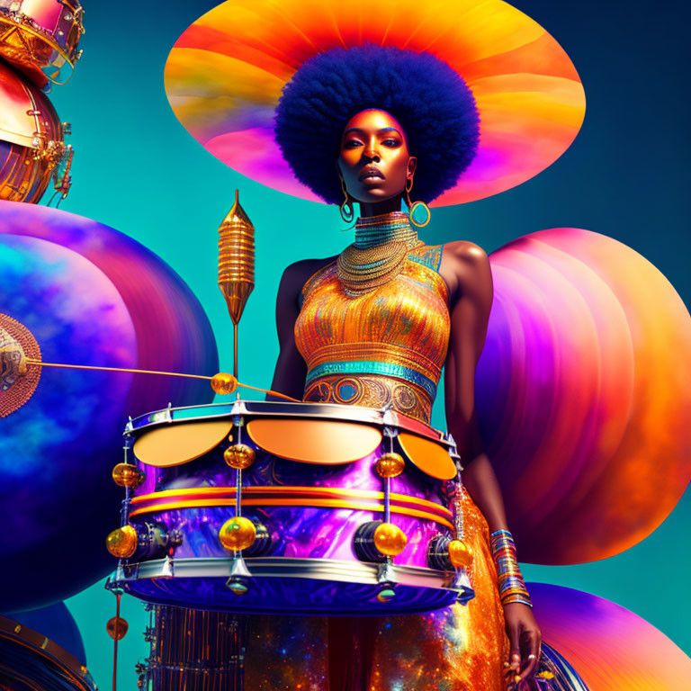 Colorful Afro Woman Surrounded by Surreal Orbs and Drums