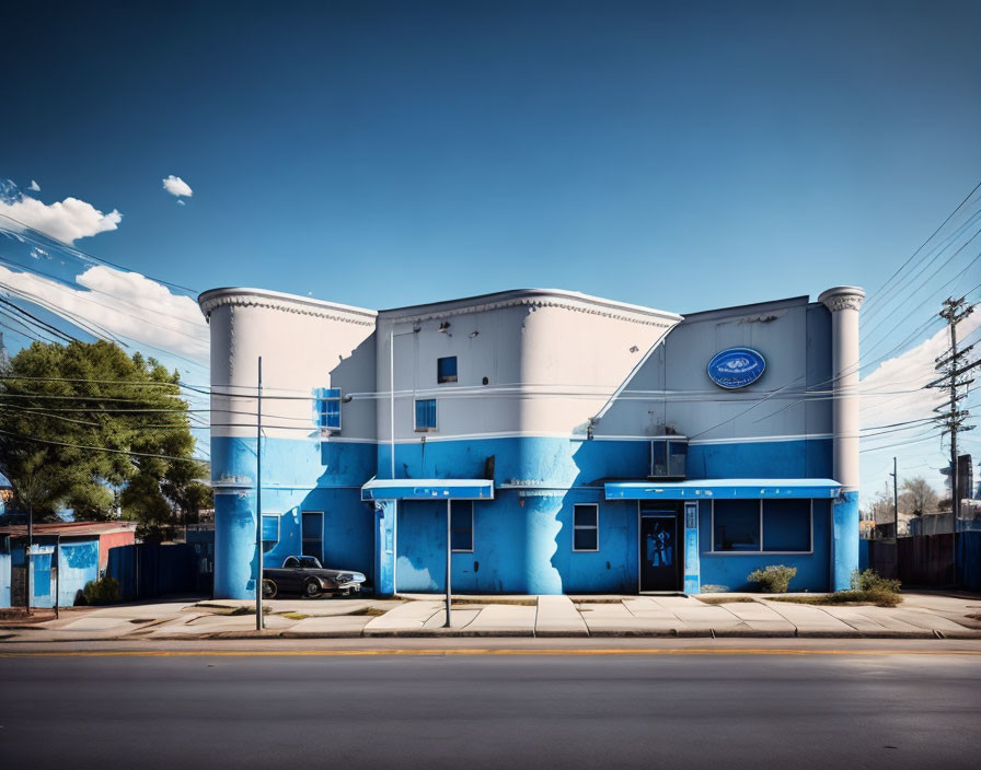 Blue two-story building with Ford logo, power lines, and parked car under clear sky