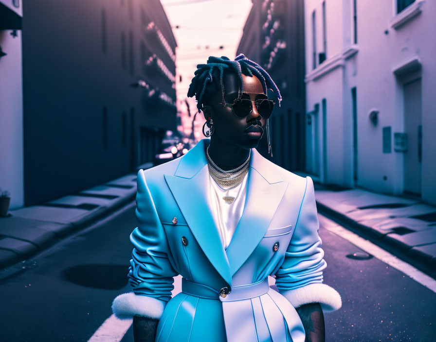 Confident individual with braided hair and sunglasses in blue tailored jacket.