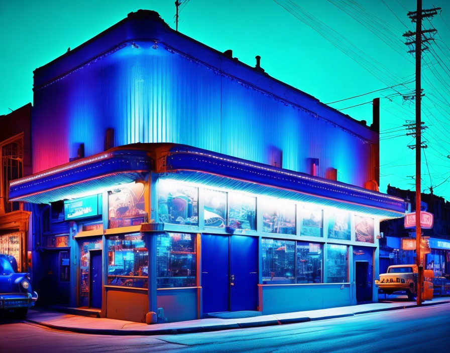 Neon-lit corner diner with blue glowing exterior and twilight sky ambiance