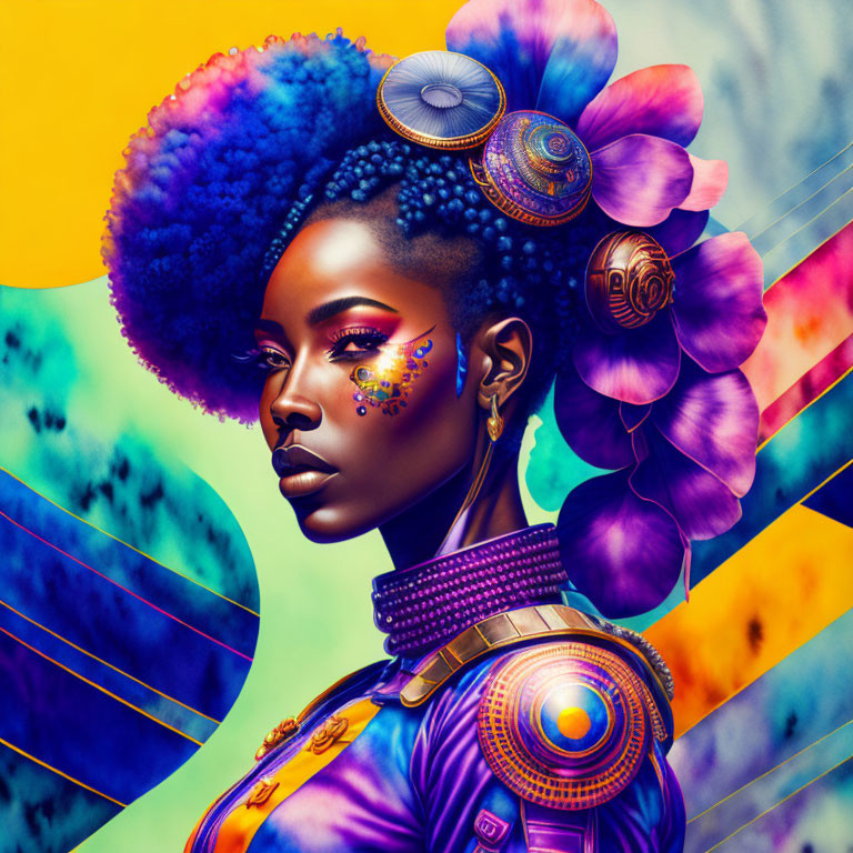 Colorful digital portrait of woman with blue afro hair and futuristic ornaments, purple attire.