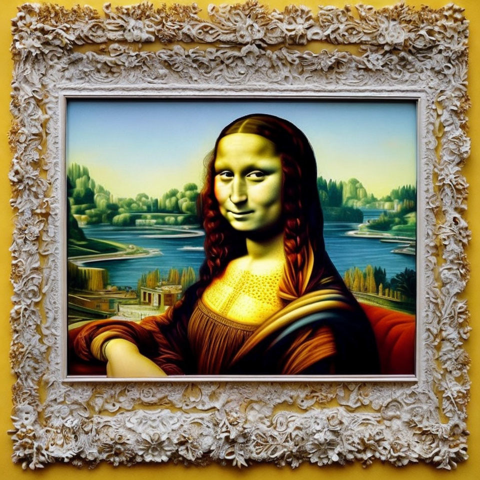 Stylized Mona Lisa with braided hair in ornate frame against river landscape