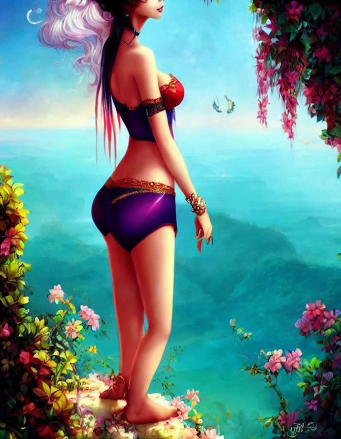 Fantasy woman overlooking scenic landscape with colorful flowers and blue sky