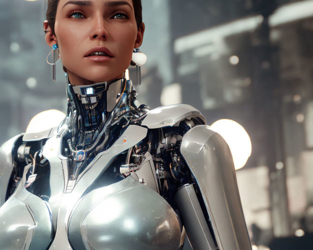 Hyper-realistic female android with exposed mechanical parts in futuristic city.