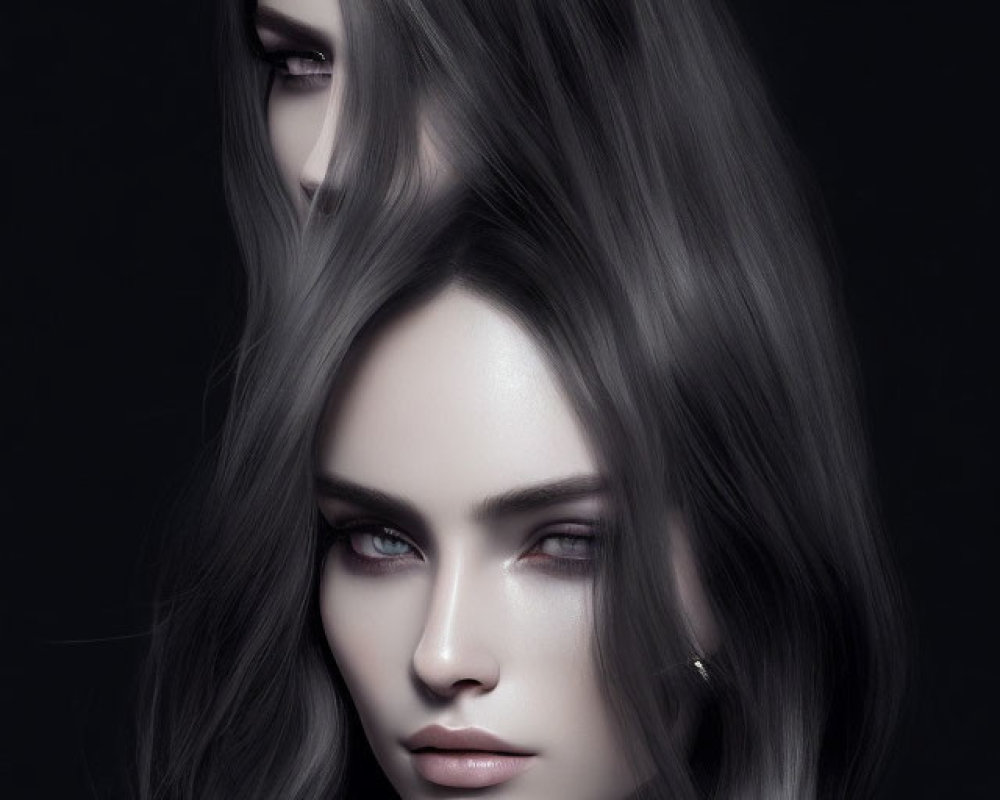 Stylized female figures with striking features and glossy hair in foreground and background.