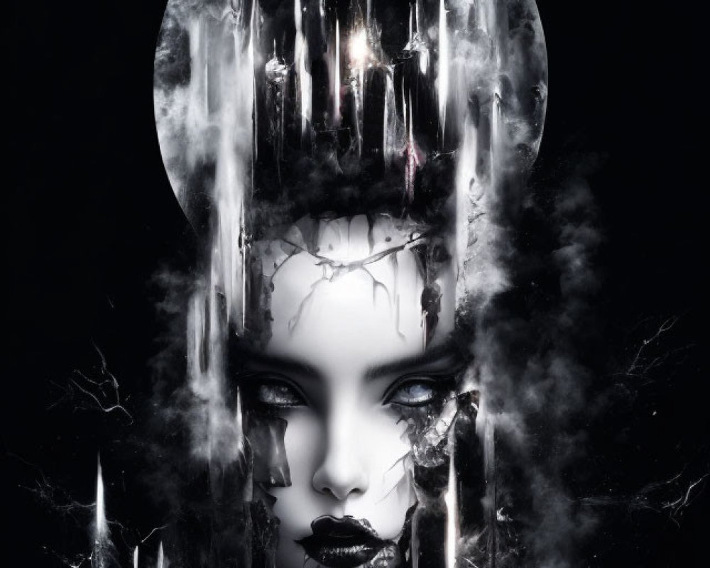 Monochrome gothic fantasy art: Female face with dark makeup in surreal forest with castle-like spires