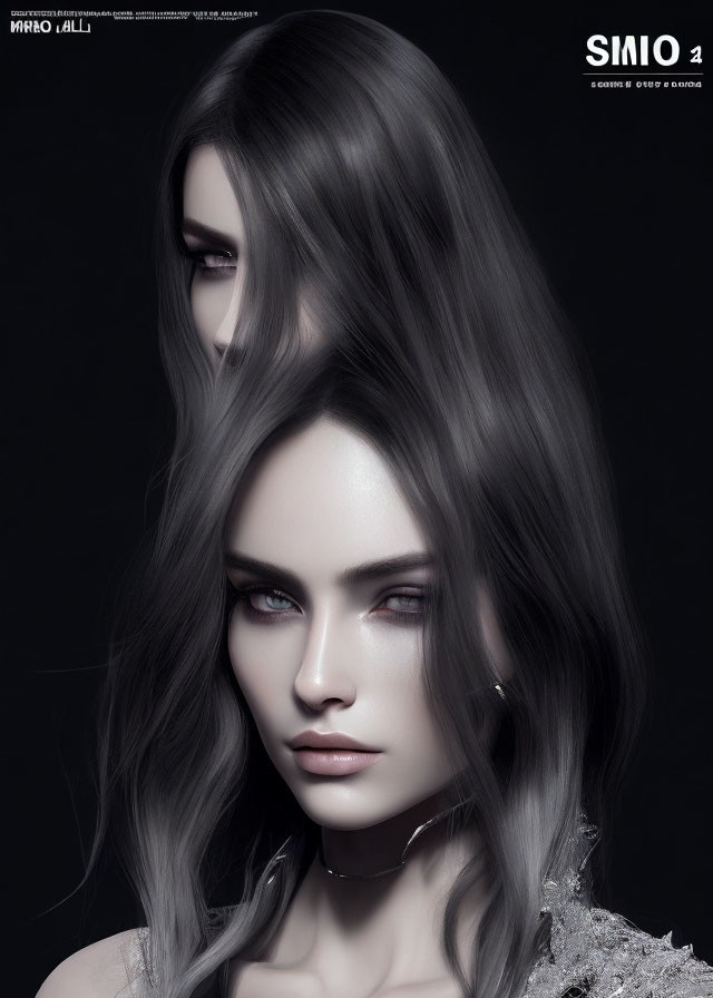 Stylized female figures with striking features and glossy hair in foreground and background.