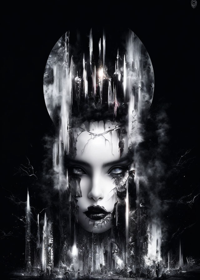 Monochrome gothic fantasy art: Female face with dark makeup in surreal forest with castle-like spires